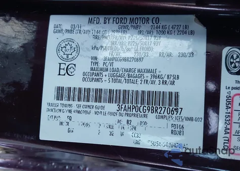 2011 Ford Fusion Sel z USA, uszkodzony, nr VIN 3FAHP0CG9BR270697